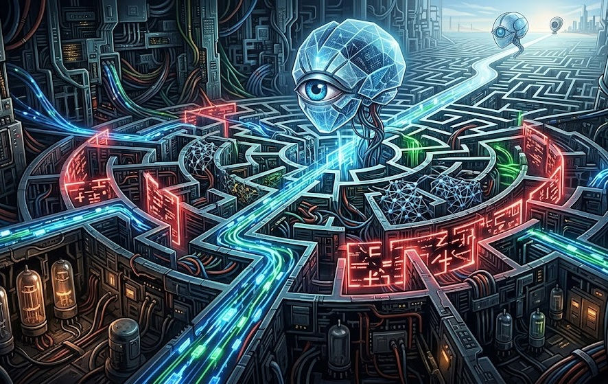 Futuristic maze with a giant eye surrounded by circuitry and glowing lines. Neon colors and digital patterns create a technological atmosphere.