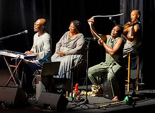 Musicians Ann Masina, Leroy Mapholo, Mpho Mothiba and Nathi Shongwe in Dada Masilo's The Sacrifice. cr Tristram Kenton
