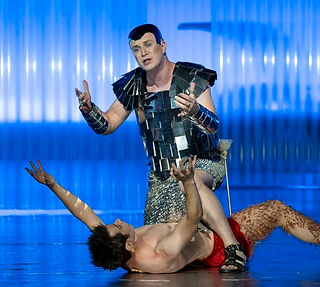 James Laing as Oberon and Daniel Abelson as Puck in Opera North's A Midsummer Night's Dream cr Richard H Smith 