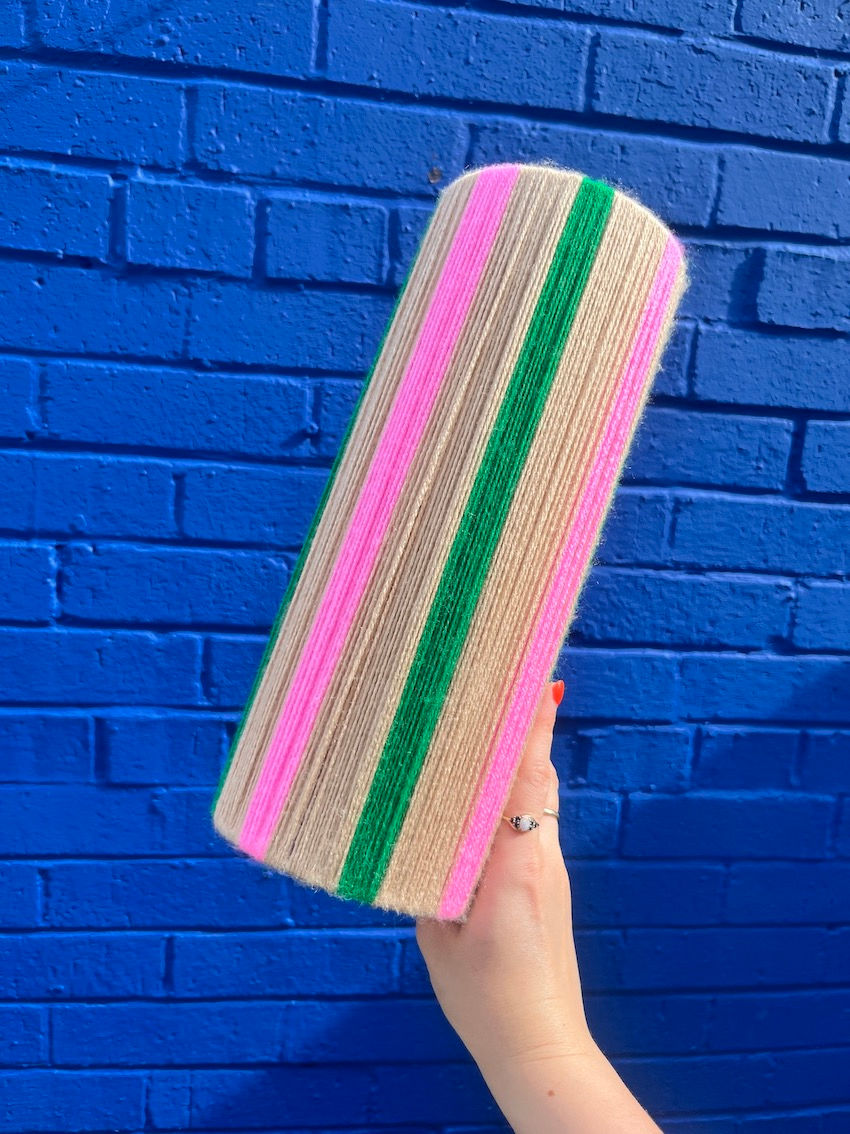 Handwoven almond, candy pink and jade striped column lampshade