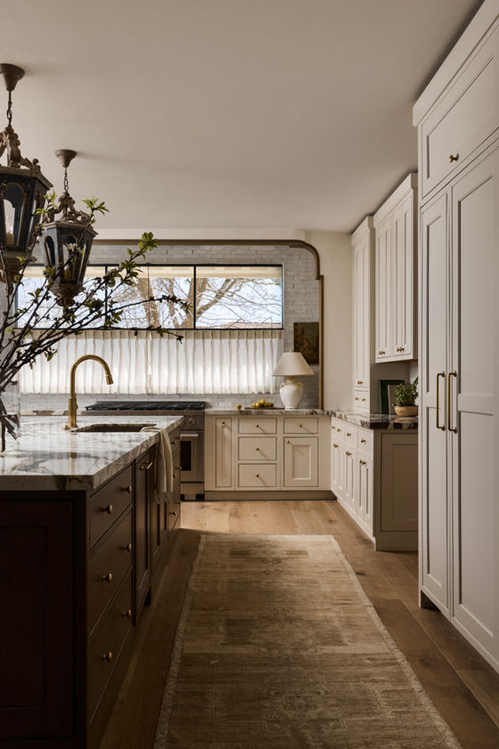 transitional kitchen, white kitchen, wood island, antique door, viola marble, custom kitchen, austin texas