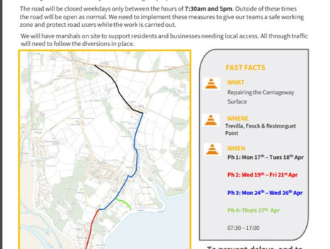 Road closures - Feock, 17th to 27th April 2023, 7.30am to 5pm