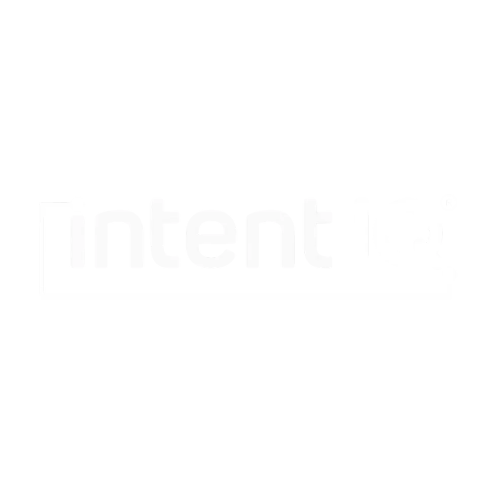 Digital logo design showing the text 'intent IQ' in white lowercase letters on a black background, framed by thin, stylized circuit-like lines. The minimalist design evokes a sense of technology and data.