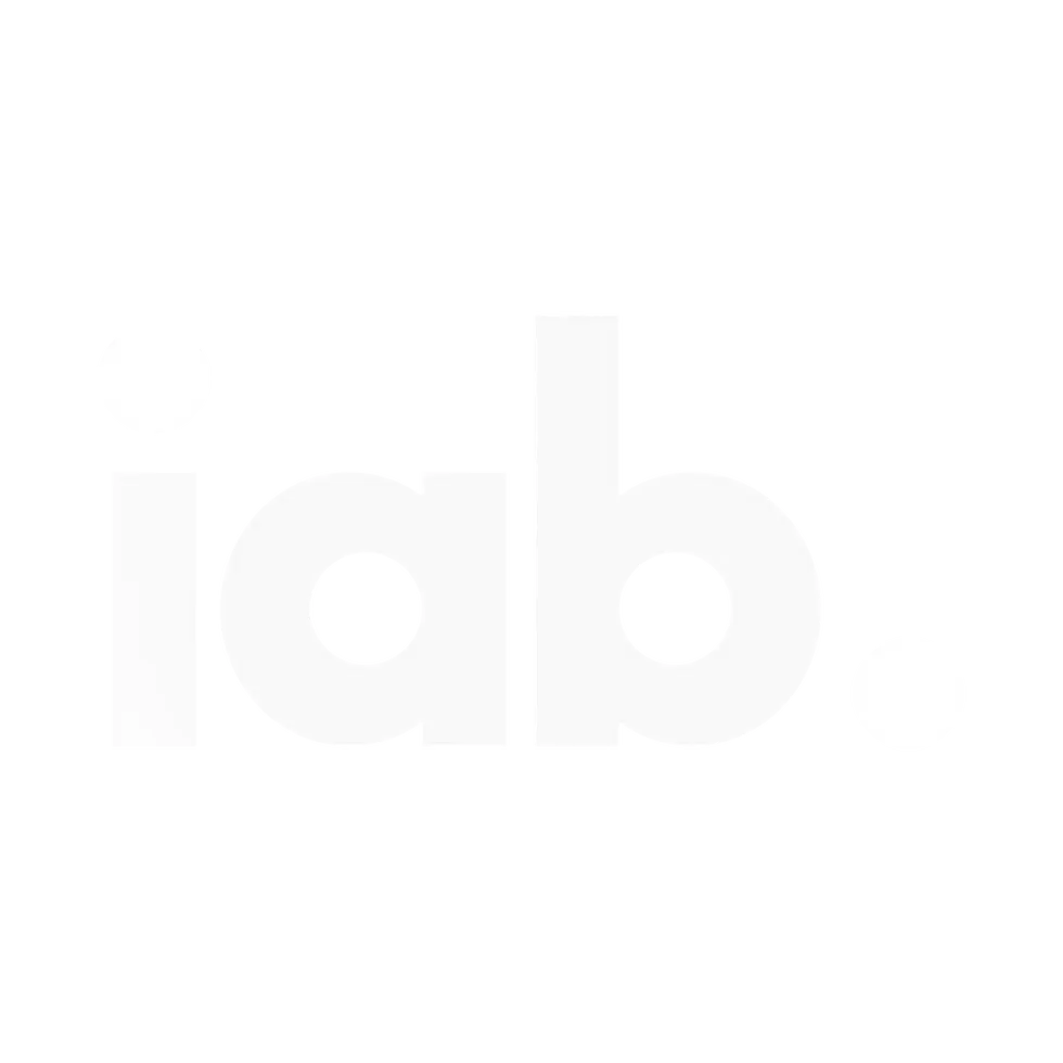 Graphic logo design featuring the letters iab followed by a period. Minimalist white text is set against a solid black background.