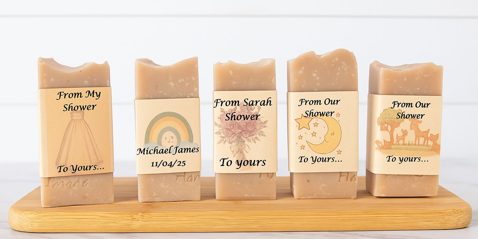Brushwood Corners handmade goat's milk half bars with rustic custom labels, for bridal and baby showers.