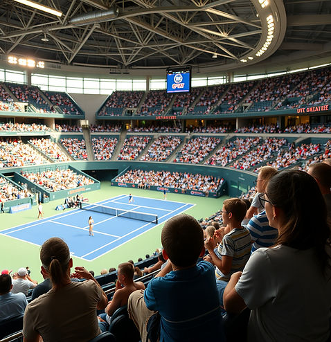while a game of tennis being played at us open a happy family watches the game in a sold o
