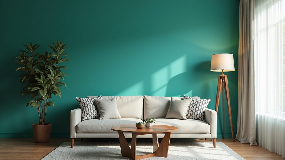 Eye-level view of a living room with a bold teal accent wall and patterned cushions