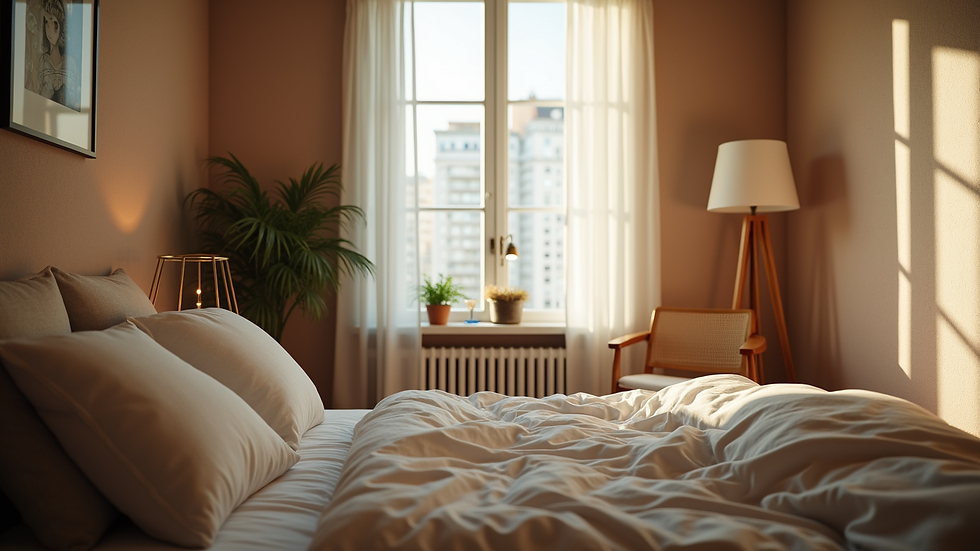 Eye-level view of cozy bedroom corner with reading nook and soft lighting