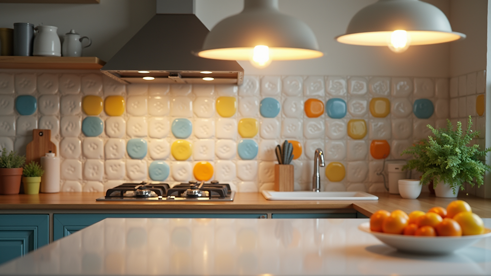 Close-up view of kitchen backsplash with colorful tiles and pendant lighting