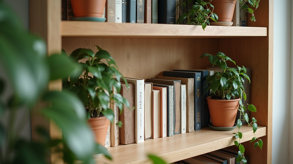 Close-up of a modern open shelving unit with plants and books