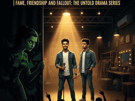 Backstage, a jealous friend watches Aarav in the spotlight as another friend stands uncertain between them, shadows symbolizing growing envy.
