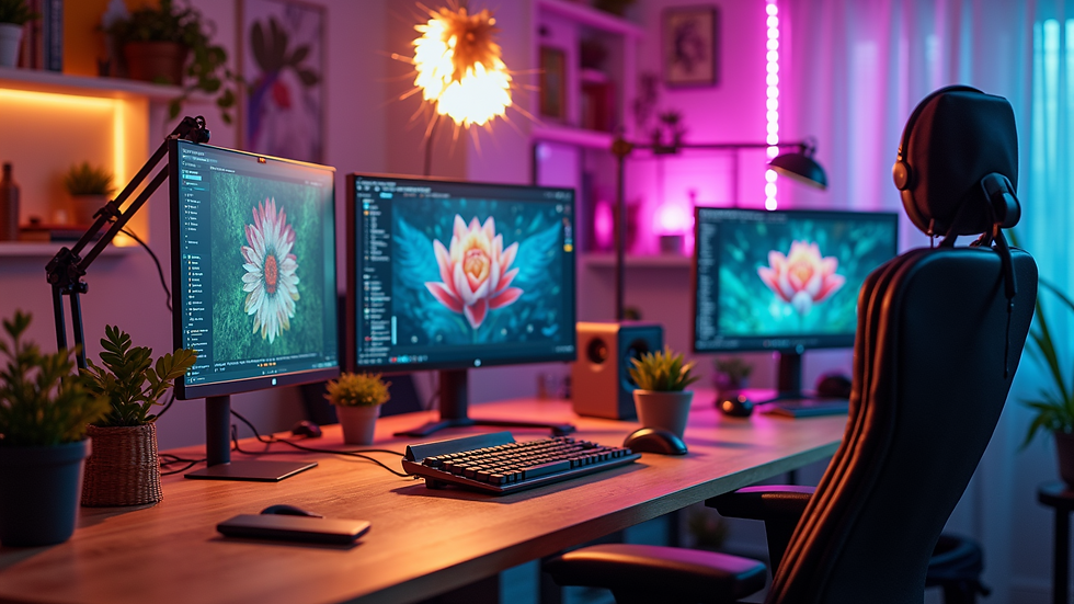 Eye-level view of a stylish workspace filled with creative tools