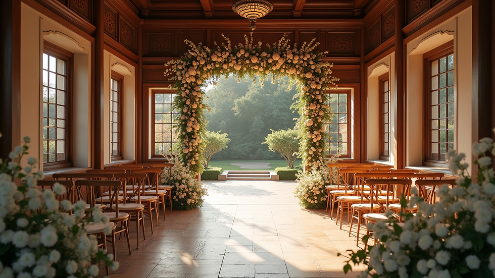 High angle view of a traditional wedding venue adorned with flowers