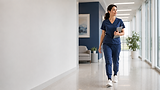 Clinician in navy scrubs walking through a bright modern clinic corridor