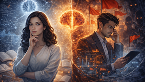 Conceptual cinematic illustration showing the cognitive blind spot of highly intelligent people. A glowing human brain radiates in the center, splitting the scene into two contrasting worlds. On the left, a thoughtful woman surrounded by books, formulas, and analytical diagrams represents intelligence, logic, and deep thinking. On the right, a man absorbed in digital data and devices overlooks multiple red flags rising behind him, while shadowy figures emerge in the background symbolizing hidden manipulation and overlooked warning signs. The dramatic contrast between cool blue analytical space and warm orange alert signals visualizes how strong intellect and rational thinking can sometimes miss subtle behavioral dangers.