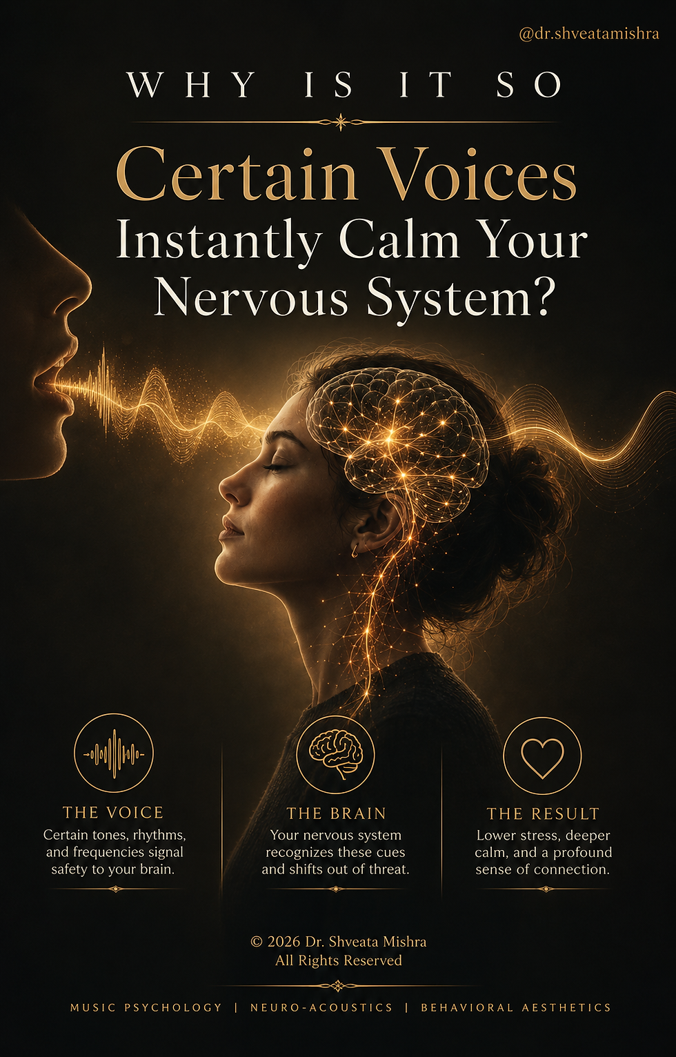 Editorial neuroscience illustration showing a calming female voice influencing the nervous system through emotional sound waves and neuro-acoustic patterns.