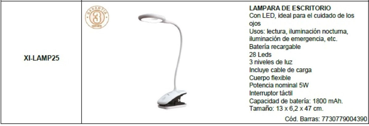 lámpara de escritorio recargable XI-LAMP25-CU