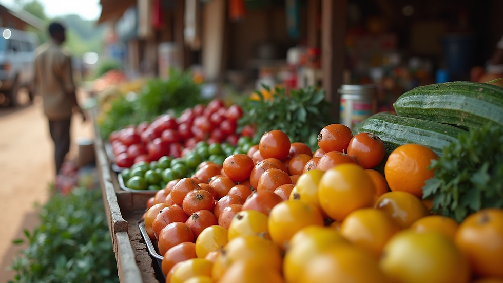 Eye-level view of a rural Kenyan market stall with fresh fruits and vegetables