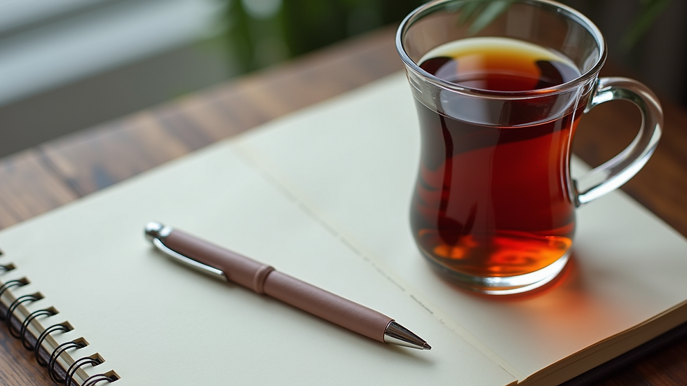 High angle view of a notebook and pen on a desk with a cup of tea