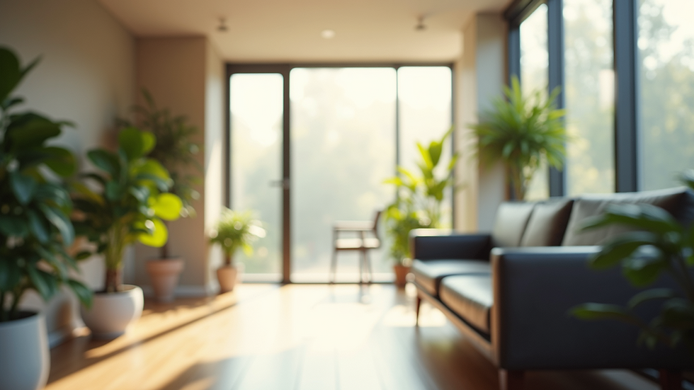Close-up view of a calm waiting room with plants and soft natural light