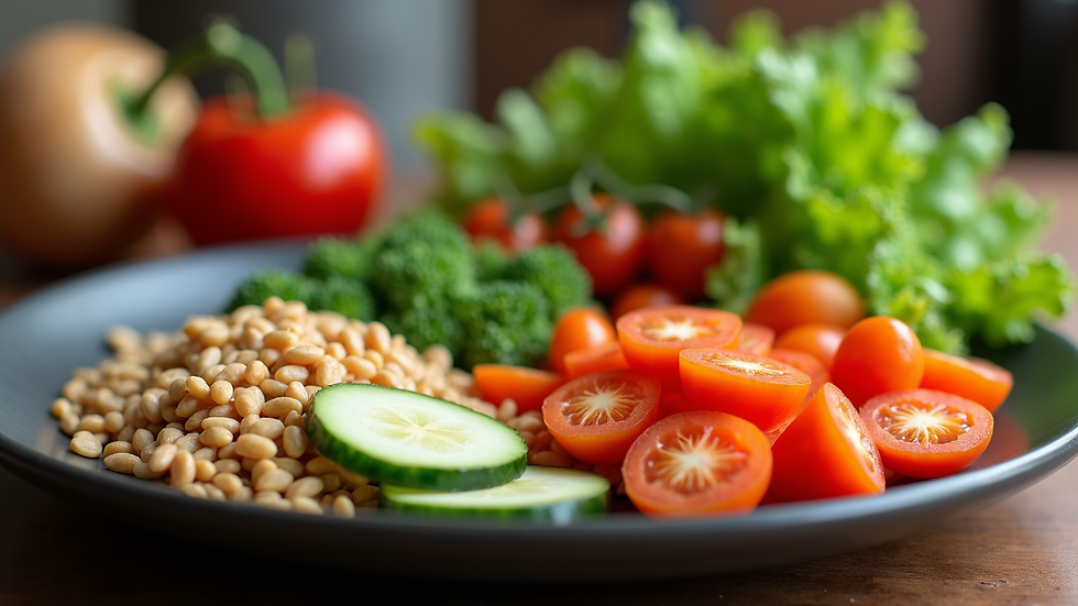 Close-up view of a healthy meal with fresh vegetables and grains
