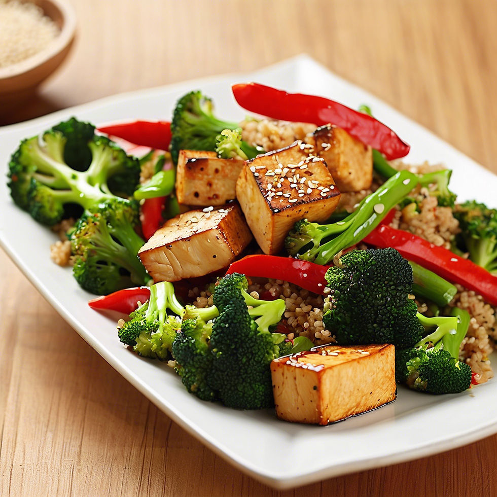 Close-up of colorful plant-based ingredients including lentils, tofu, and fresh vegetables