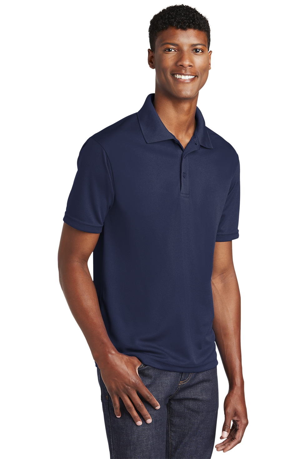 ST640 Sport-Tek ® PosiCharge ® RacerMesh ® Polo Navy on male model