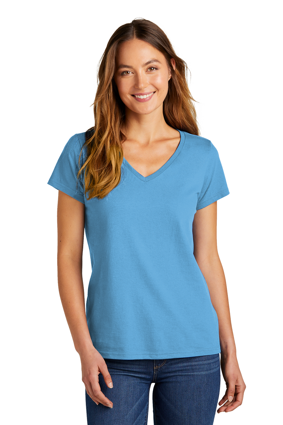 DT5002 District® Women’s The Concert Tee® V-Neck Aquatic Blue on female model