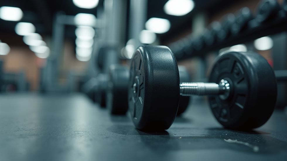 Close-up view of adjustable dumbbells on a gym floor