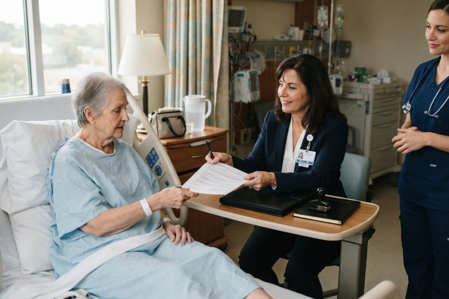 A professional notary in business attire sitting at a table beside a hospital bed, handing a document and pen to an elderly patient while a nurse observes in the background