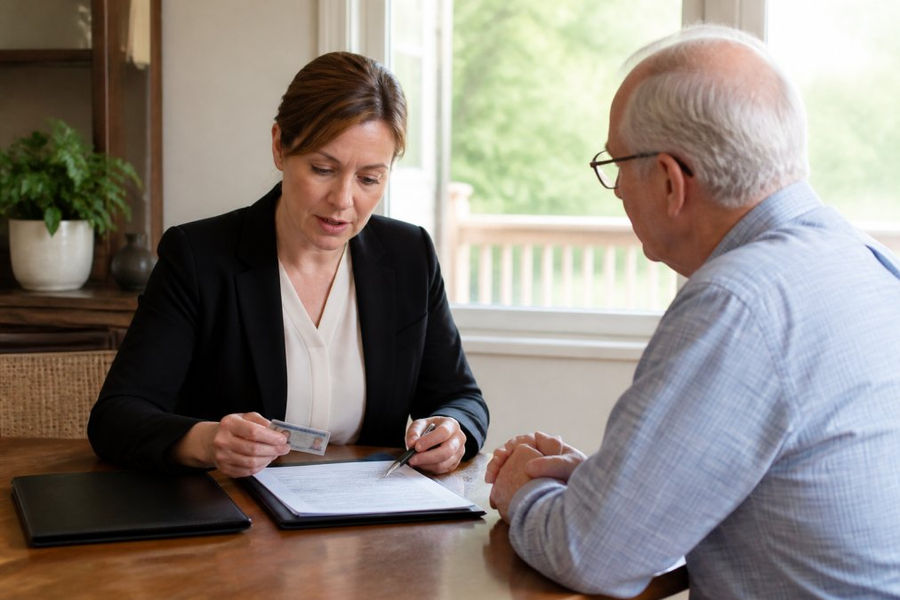 A professional notary public in business attire sits at a table across from an elderly client, reviewing a government-issued ID and legal documents under bright natural light from a nearby window