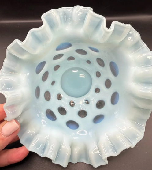 Thumbnail: Vintage Blue Ruffled Art Glass Bowl