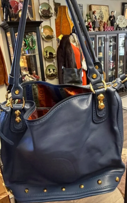 Thumbnail: Marino Orlandi Blue Italian Leather Tote Shoulder Bag Made In Italy