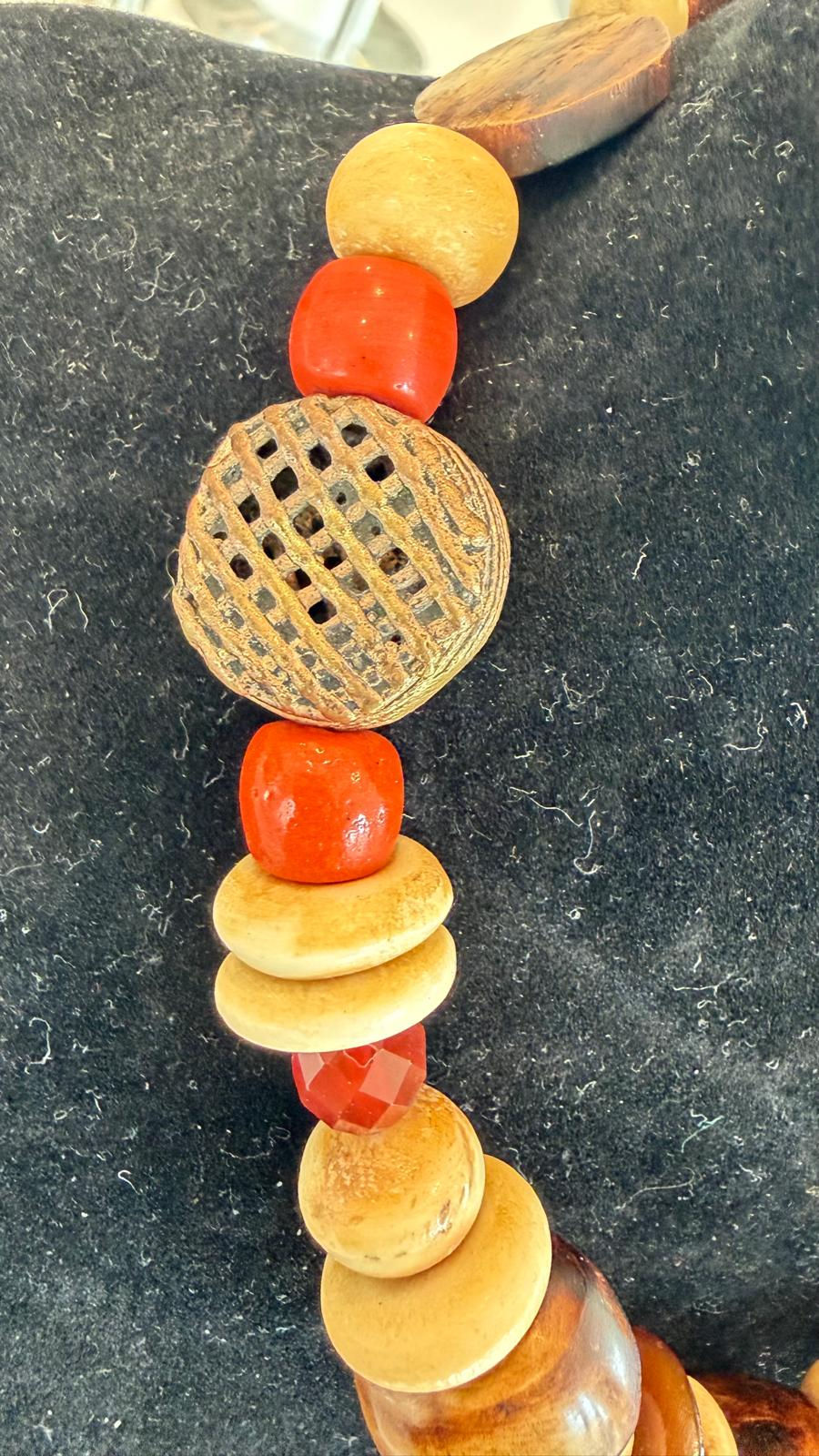 Thumbnail: Hand-Carved Orange Brown Mixed Bead Statement Necklace