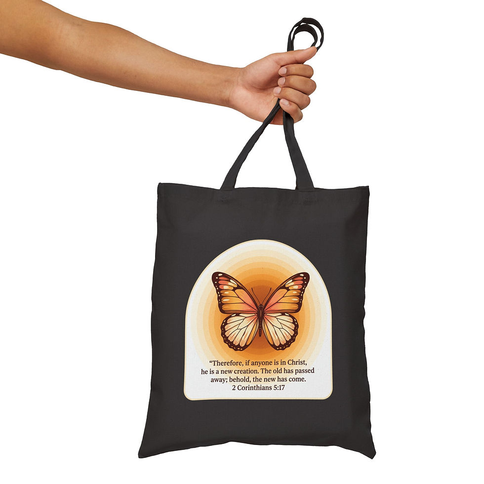 Thumbnail: Tote Bag — Butterfly with 2 Corinthians 5:17 Scripture Canvas Tote