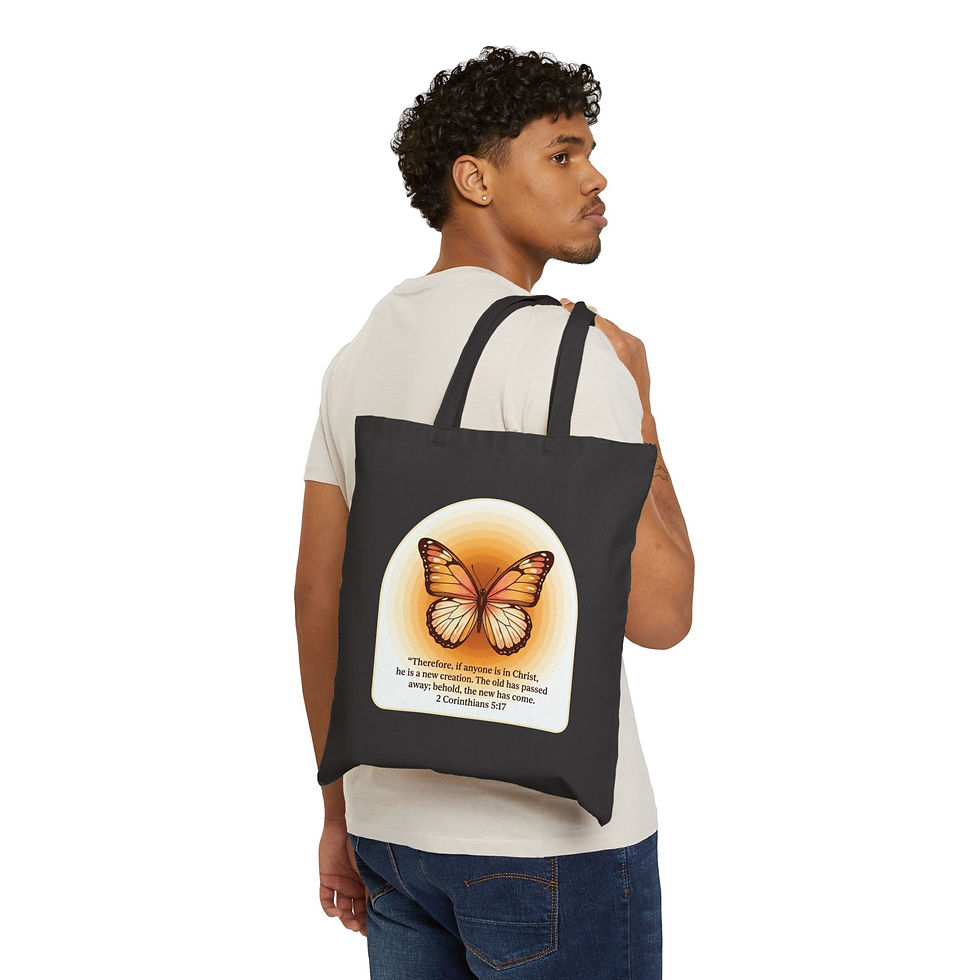 Thumbnail: Tote Bag — Butterfly with 2 Corinthians 5:17 Scripture Canvas Tote
