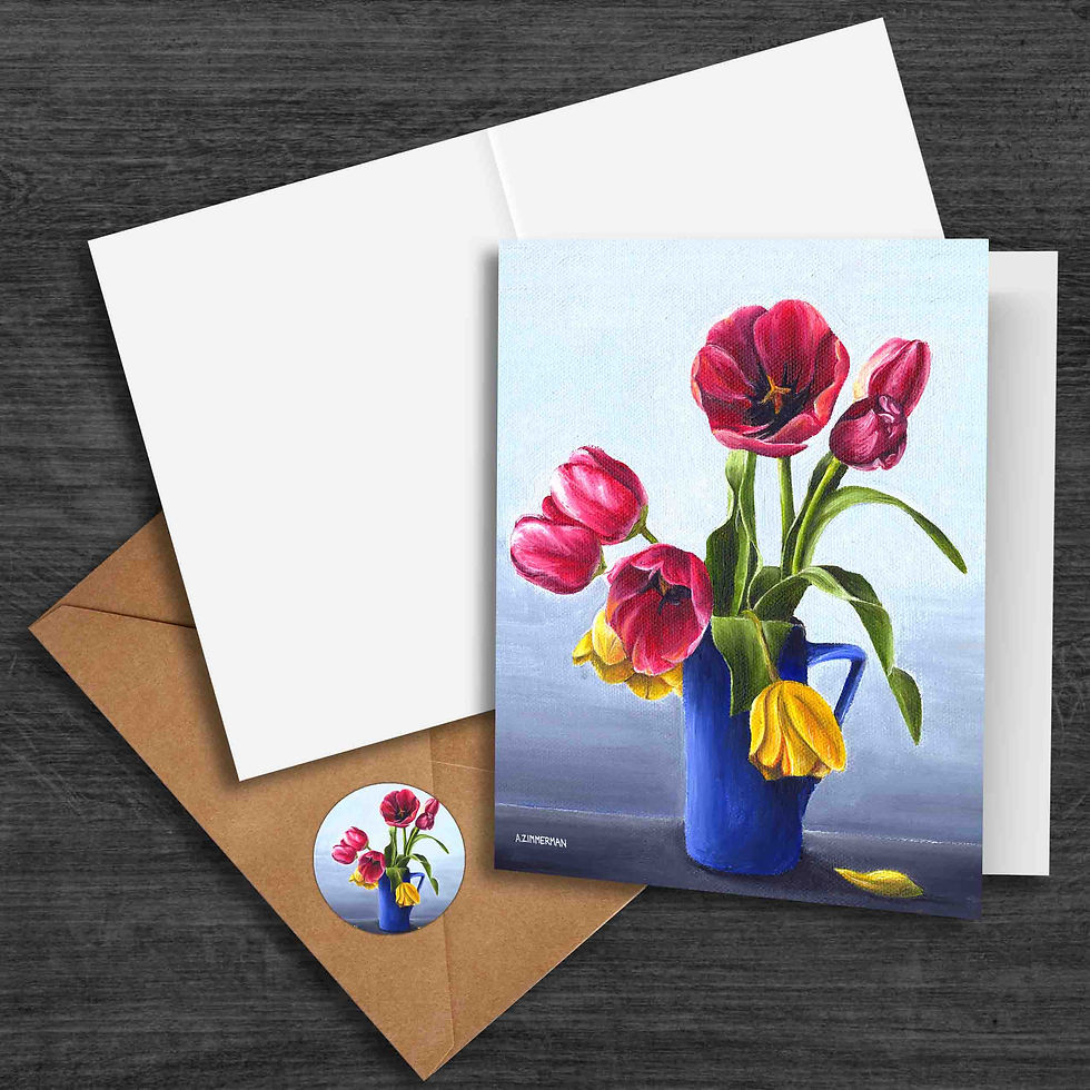 Tulips in a Blue Pitcher - Greeting Card