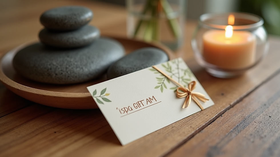 Close-up view of a luxury spa gift card placed on a wooden table with spa stones