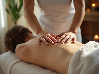 Therapeutic bodywork massage on a woman's back.