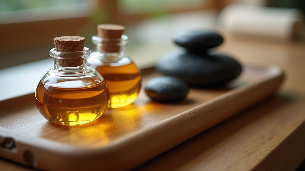 Close-up view of massage oils and stones arranged on a wooden tray