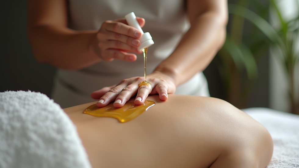 Close-up view of massage therapist applying oil on a client's back