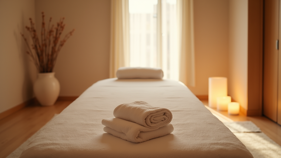 Eye-level view of a calm spa room with massage table and soft lighting