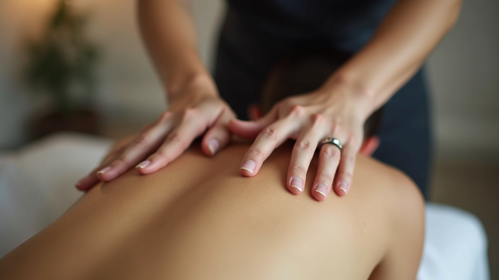 Eye-level view of a massage therapist applying pressure on a client’s back