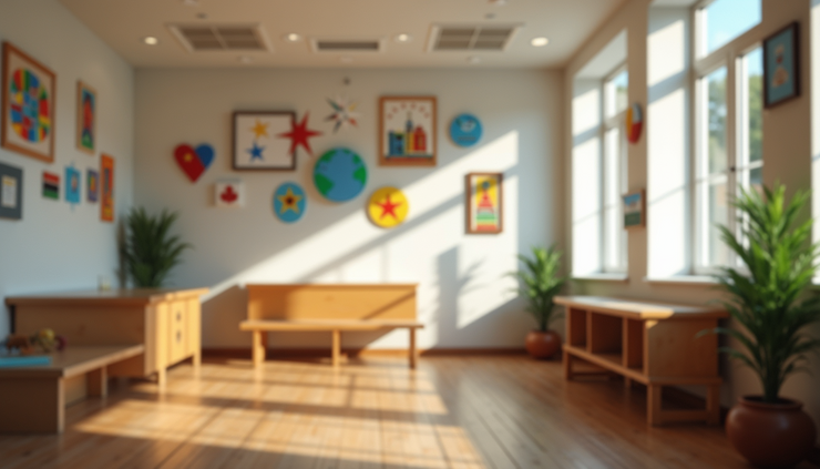 Eye-level view of a community center decorated with multicultural art and symbols