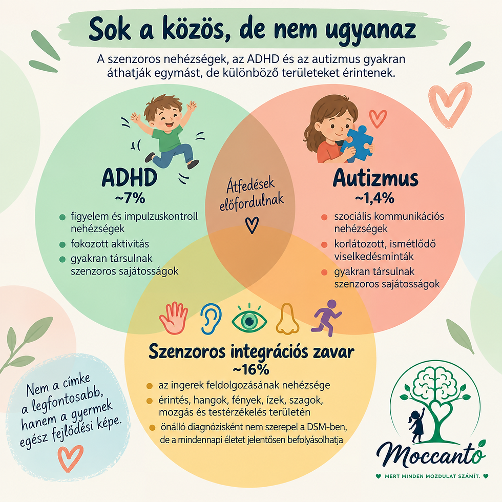 Szenzoros nehézségek, ADHD és autizmus közötti átfedéseket bemutató infografika