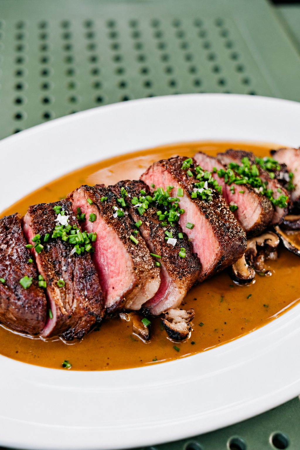 Sliced steak served in a pan sauce, the right place for black pepper