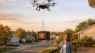 Chipotle drone delivery hovering over suburban home at golden hour, lowering food bag to woman on porch