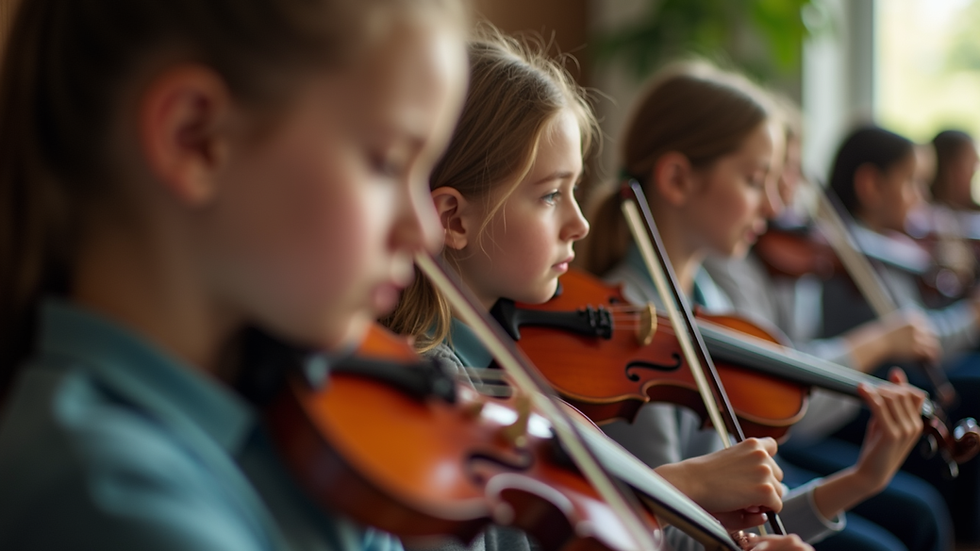 Eye-level view of a group of young musicians practicing together
