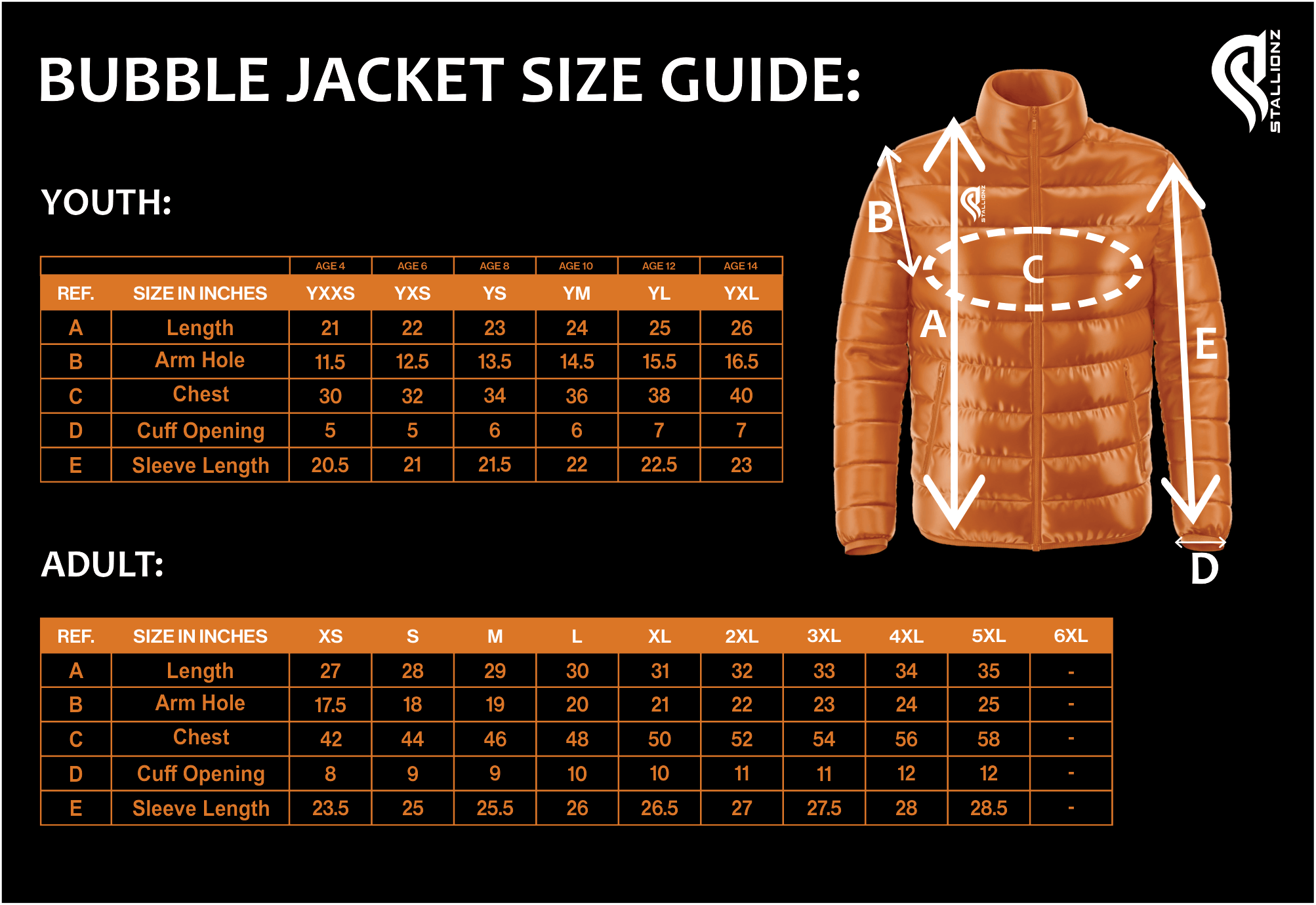Bubble jacket size guide for youth and adults.