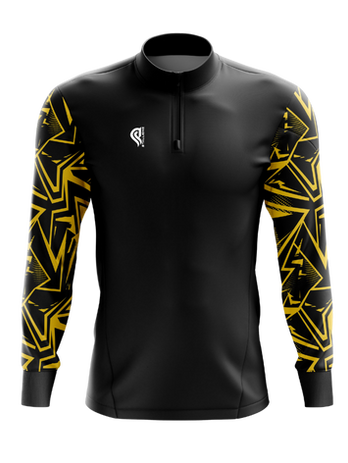 Black quarter-zip shirt, yellow geometric sleeves